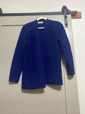 Vtg 70s Bams Knits Blue Open Front Cardigan Sweater M Grannycore Boho Medium